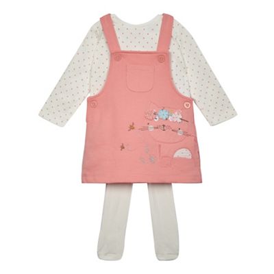 bluezoo Baby girls' pink cat and bee applique pinafore, top and tights set